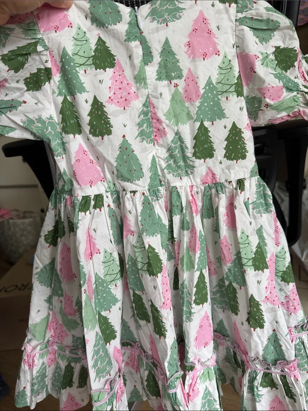 Girls Holiday Tree Print Dress in Green & Pink - (Brand)
